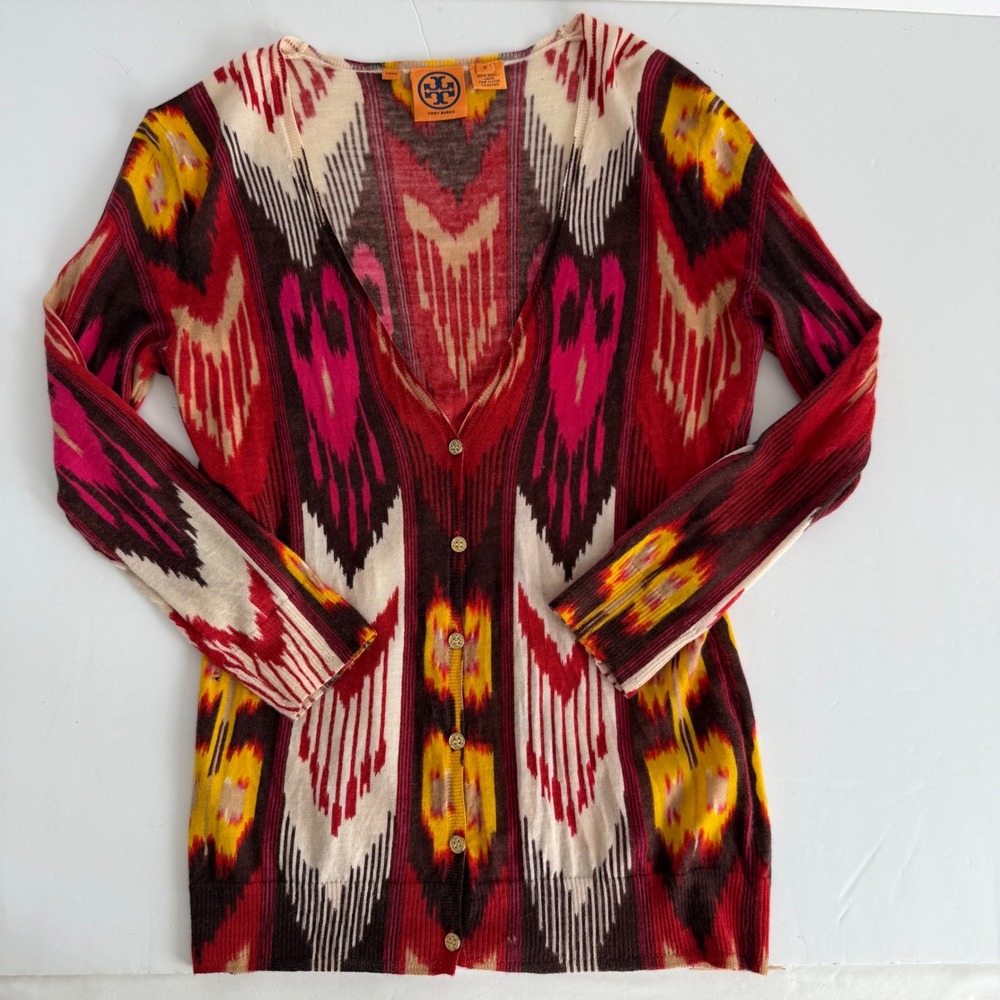 Tory Burch Ikat Wool Cardigan Sweater Womens M Boho Southwestern Button Front